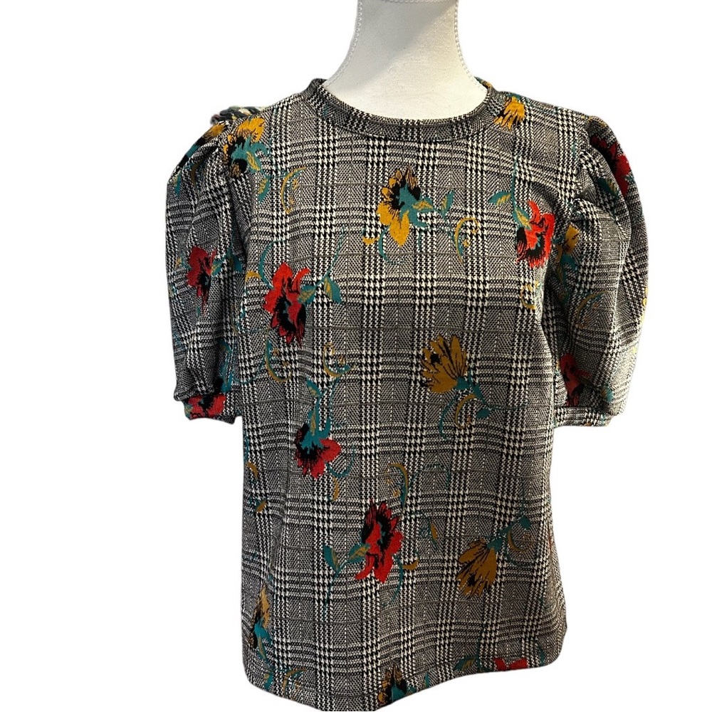ANTHROPOLOGIE Sunday in Brooklyn Gretchen Houndstooth Floral top size S